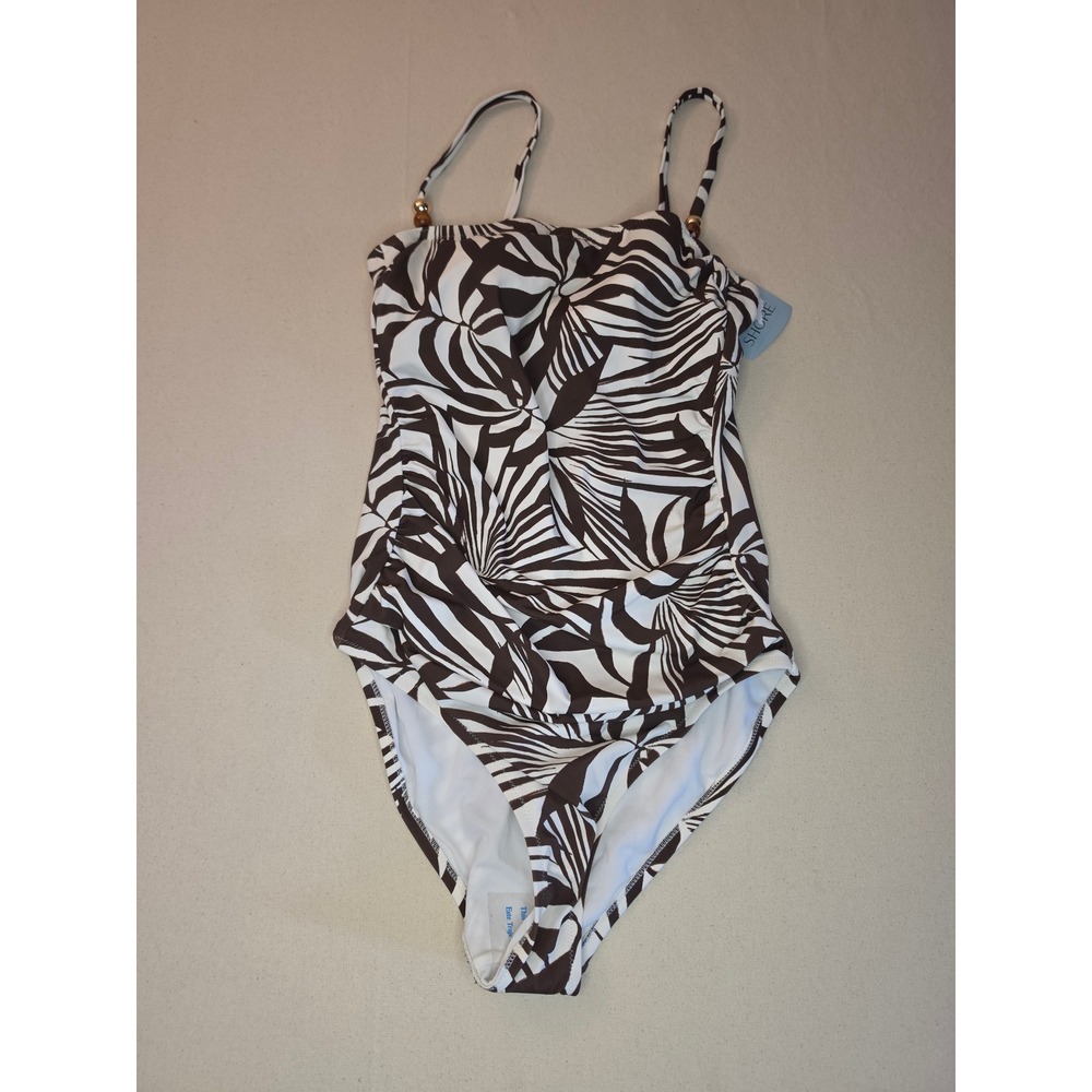 Shade & Shore Palm Print Bandeau One Piece Swimsuit Brown/White Medium NWT